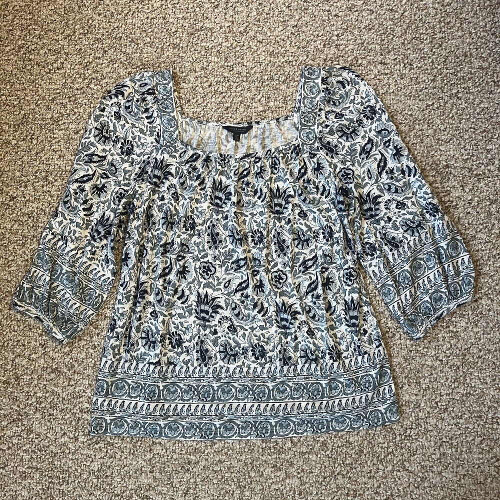 Lucky Brand Womens Paisley Floral Blouse Top Size S Beachy Boho Blue Square Neck